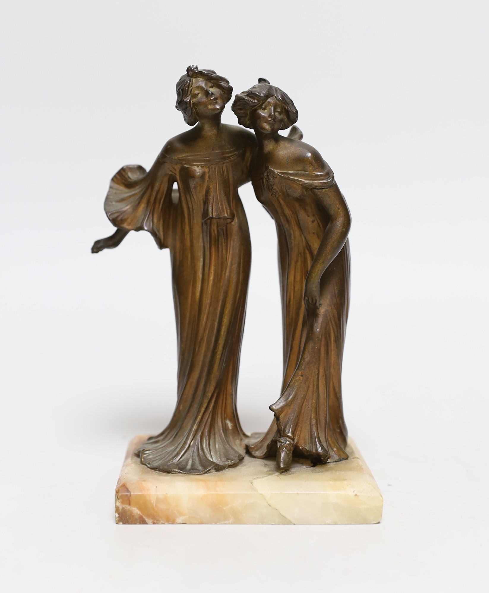 An Art Nouveau spelter figure group on marble base, of two ladies, 19cms high